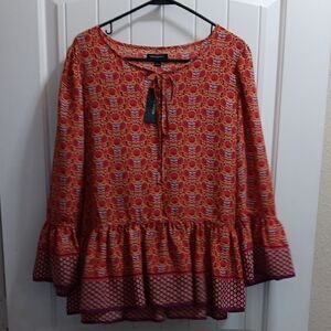 Max Edition Red Orange Printed Ruffle Hem Tunic